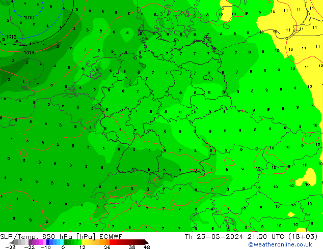 SLP/Temp. 850 hPa ECMWF Th 23.05.2024 21 UTC