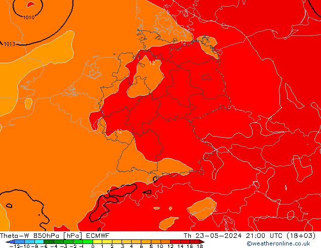 Theta-W 850гПа ECMWF чт 23.05.2024 21 UTC