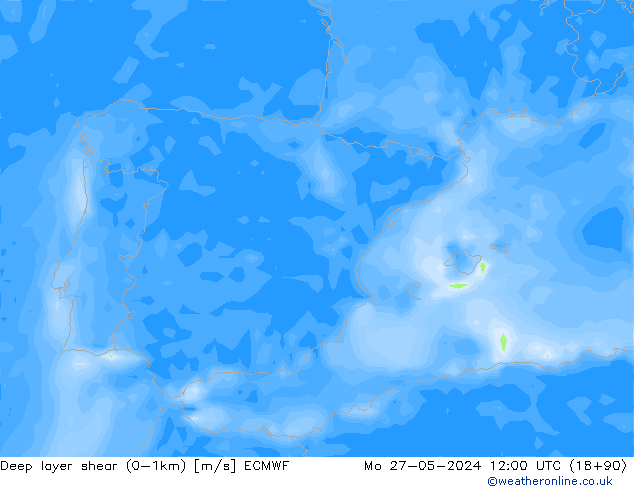 Deep layer shear (0-1km) ECMWF lun 27.05.2024 12 UTC