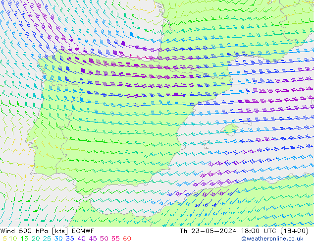 Vento 500 hPa ECMWF Qui 23.05.2024 18 UTC