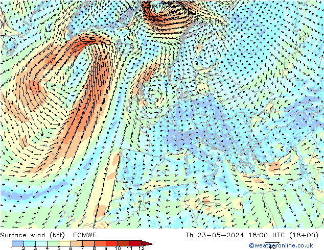 Surface wind (bft) ECMWF Th 23.05.2024 18 UTC