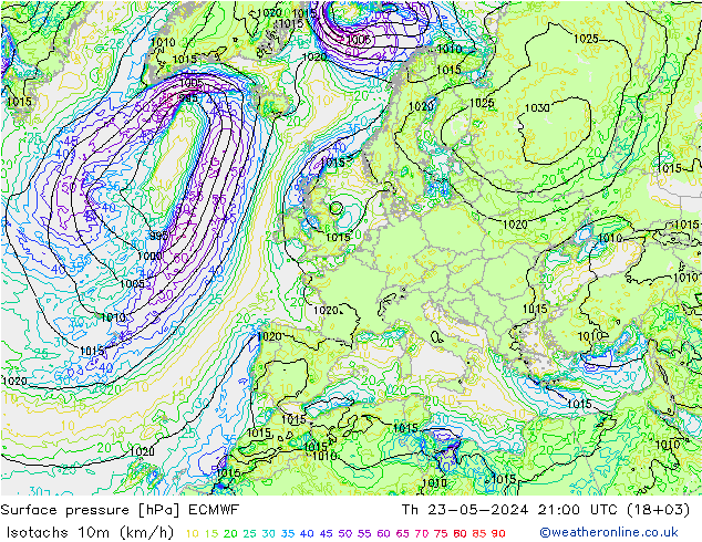 Isotachen (km/h) ECMWF Do 23.05.2024 21 UTC