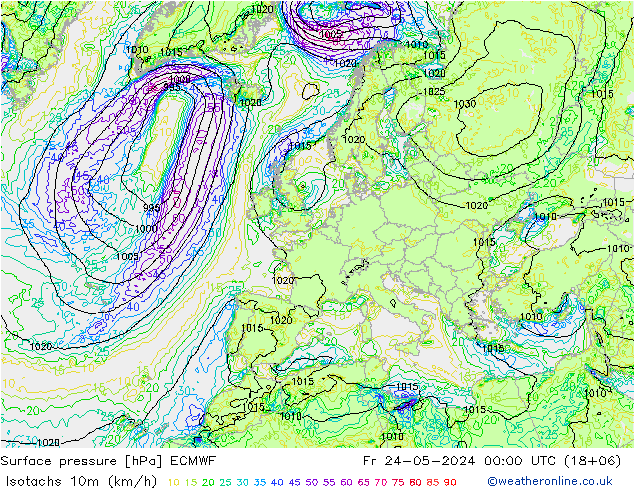 Isotachen (km/h) ECMWF Fr 24.05.2024 00 UTC