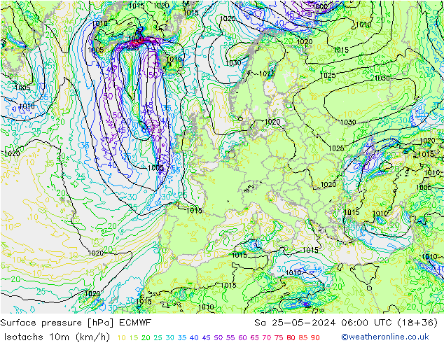 Isotachs (kph) ECMWF sam 25.05.2024 06 UTC