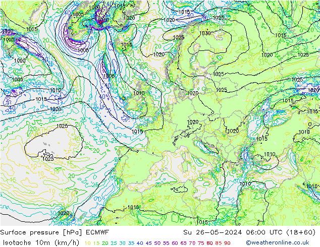 Isotachs (kph) ECMWF  26.05.2024 06 UTC