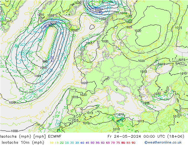 Isotachs (mph) ECMWF 星期五 24.05.2024 00 UTC