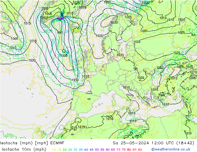 Isotachen (mph) ECMWF Sa 25.05.2024 12 UTC