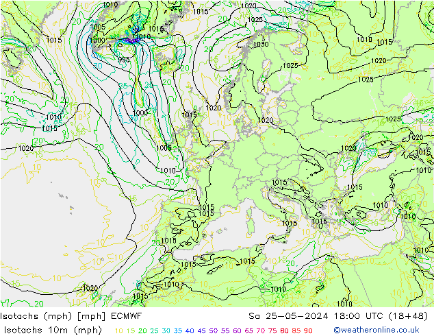 Isotachen (mph) ECMWF Sa 25.05.2024 18 UTC