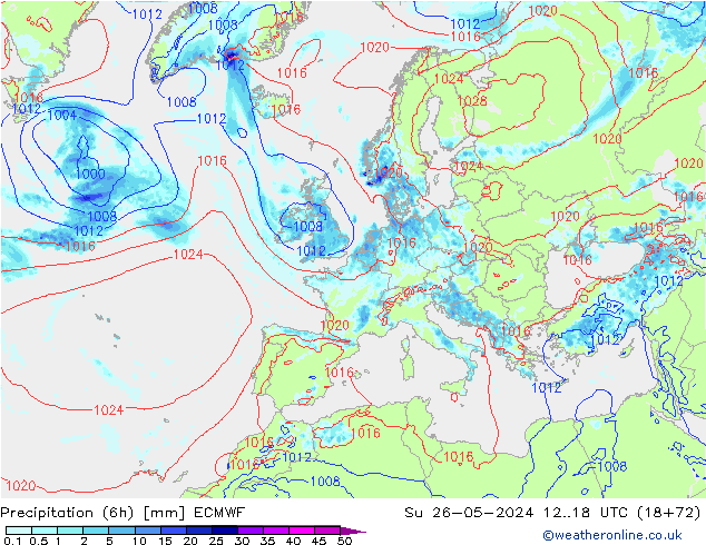 Totale neerslag (6h) ECMWF zo 26.05.2024 18 UTC