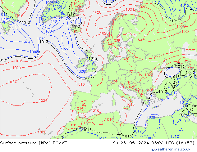 Pressione al suolo ECMWF dom 26.05.2024 03 UTC