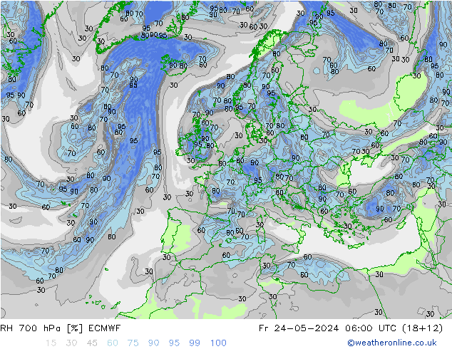 Humidité rel. 700 hPa ECMWF ven 24.05.2024 06 UTC