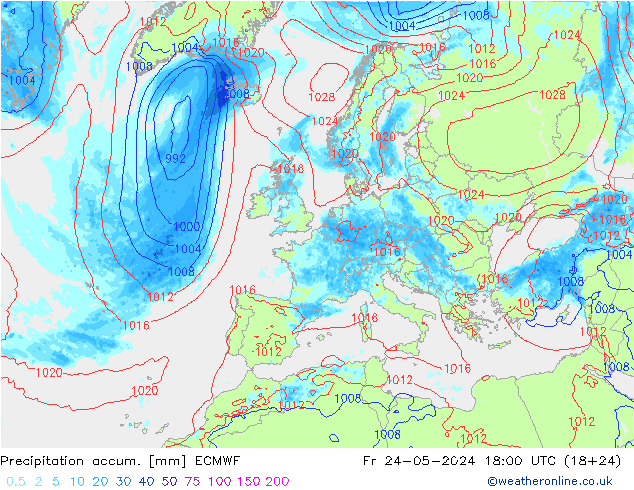 Precipitation accum. ECMWF Pá 24.05.2024 18 UTC