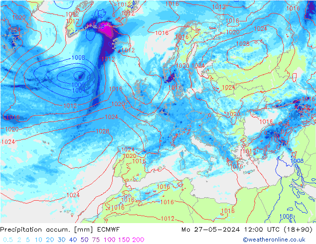 Precipitation accum. ECMWF 星期一 27.05.2024 12 UTC