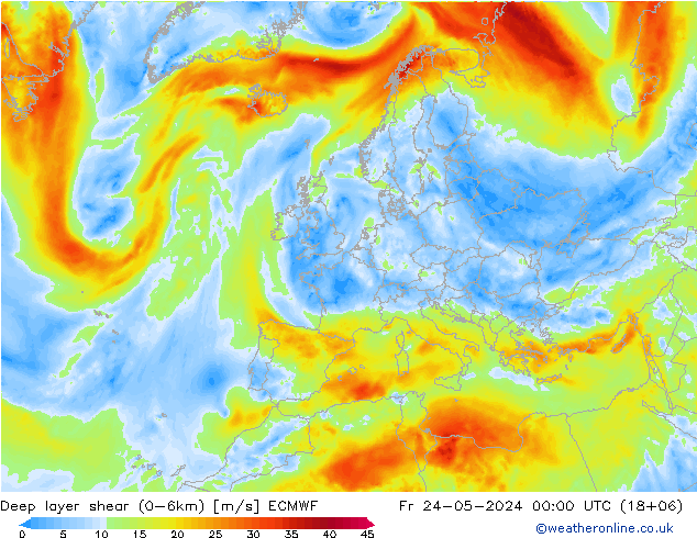 Deep layer shear (0-6km) ECMWF Pá 24.05.2024 00 UTC