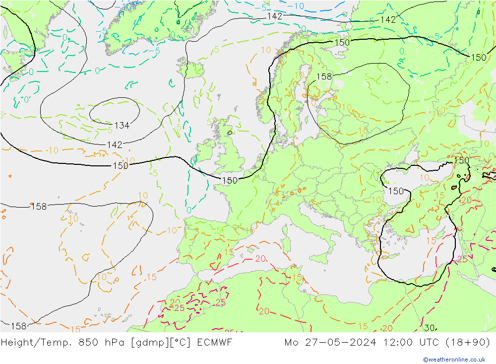 Geop./Temp. 850 hPa ECMWF lun 27.05.2024 12 UTC