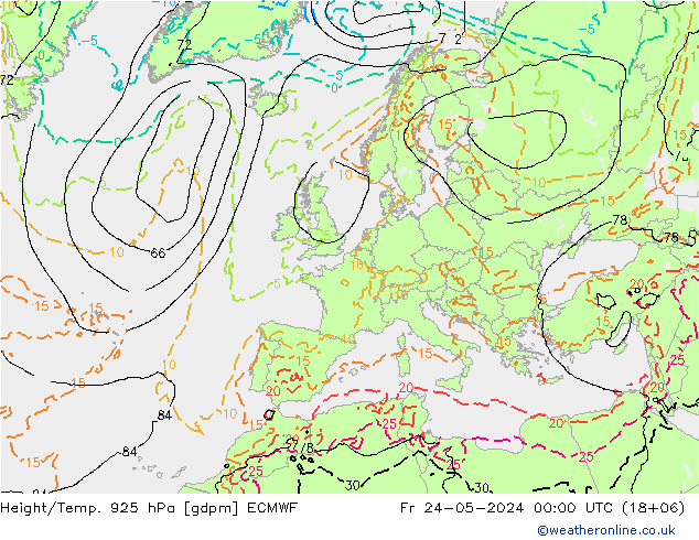 Height/Temp. 925 hPa ECMWF Pá 24.05.2024 00 UTC