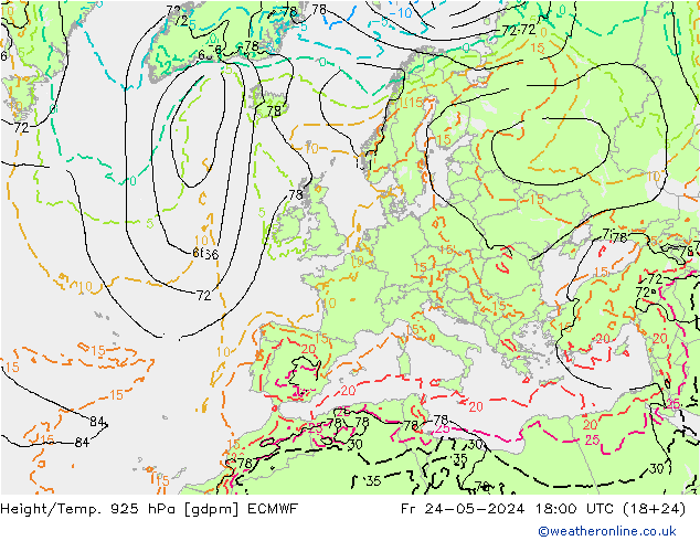 Geop./Temp. 925 hPa ECMWF vie 24.05.2024 18 UTC