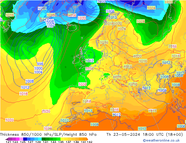 Thck 850-1000 hPa ECMWF gio 23.05.2024 18 UTC