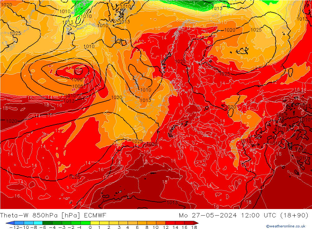 Theta-W 850hPa ECMWF lun 27.05.2024 12 UTC