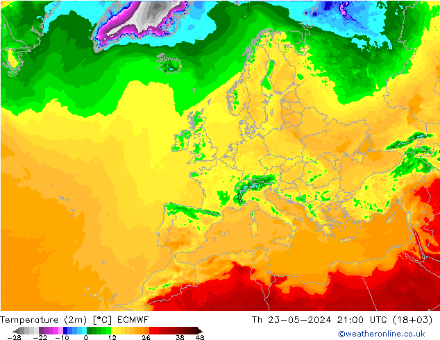 mapa temperatury (2m) ECMWF czw. 23.05.2024 21 UTC