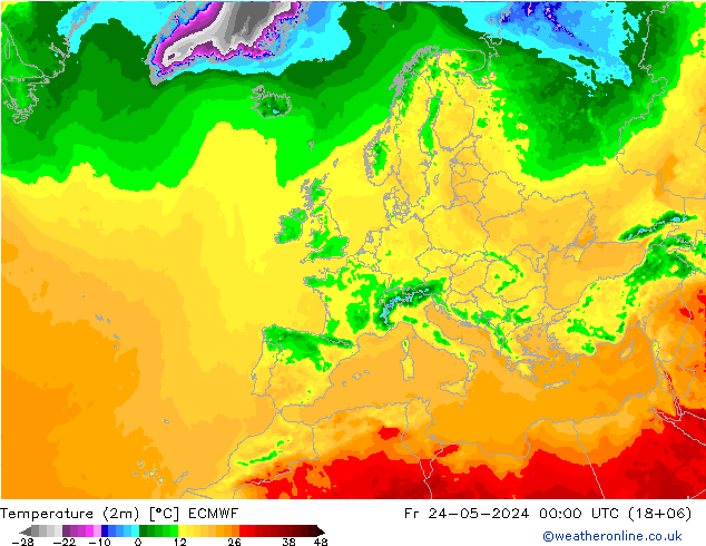 Sıcaklık Haritası (2m) ECMWF Cu 24.05.2024 00 UTC