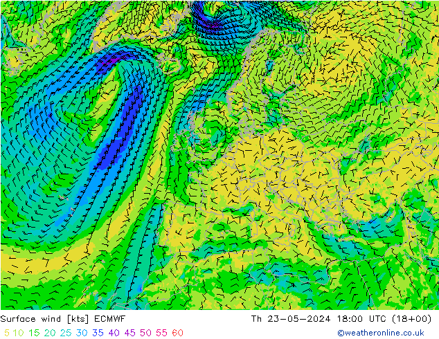 Vento 10 m ECMWF Qui 23.05.2024 18 UTC