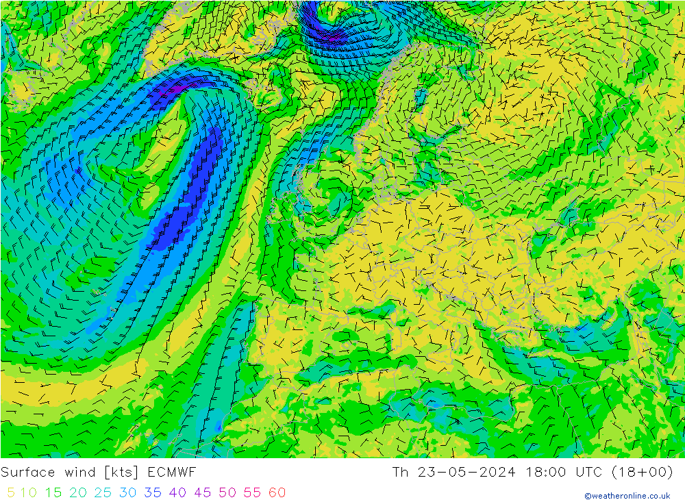 Viento 10 m ECMWF jue 23.05.2024 18 UTC