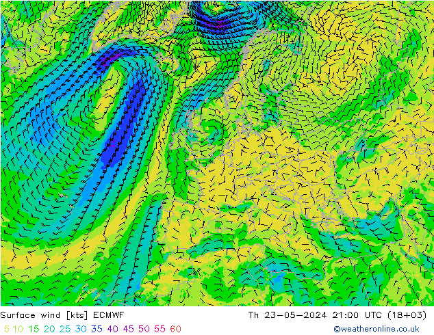 Vento 10 m ECMWF Qui 23.05.2024 21 UTC