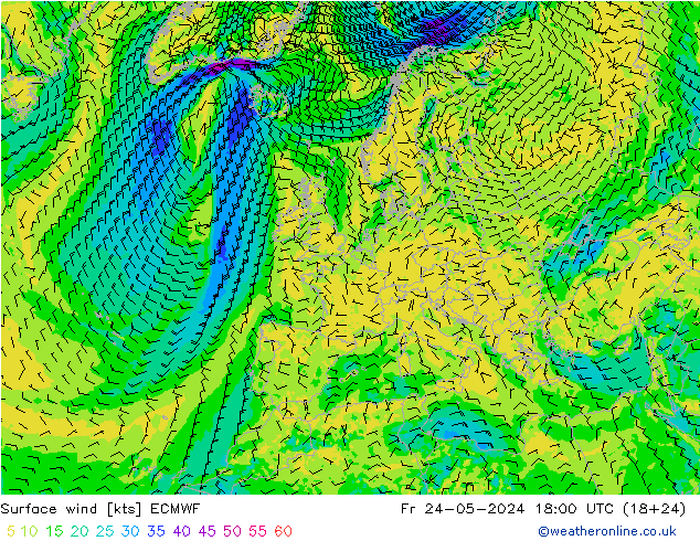 Vento 10 m ECMWF Sex 24.05.2024 18 UTC