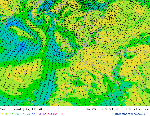 Rüzgar 10 m ECMWF Paz 26.05.2024 18 UTC