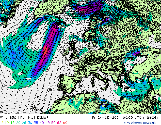 Vento 850 hPa ECMWF ven 24.05.2024 00 UTC