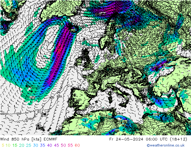 Wind 850 hPa ECMWF Fr 24.05.2024 06 UTC