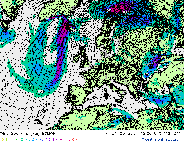 Vento 850 hPa ECMWF ven 24.05.2024 18 UTC