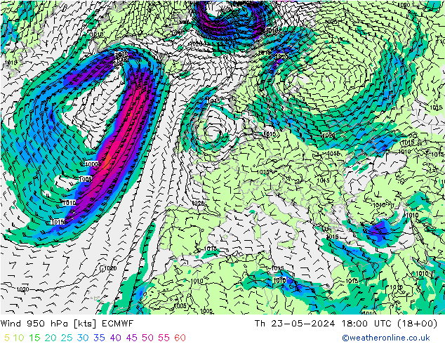 Wind 950 hPa ECMWF Do 23.05.2024 18 UTC