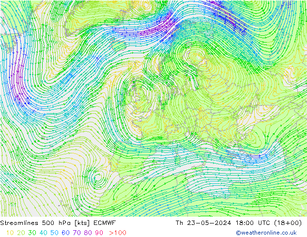 Línea de corriente 500 hPa ECMWF jue 23.05.2024 18 UTC