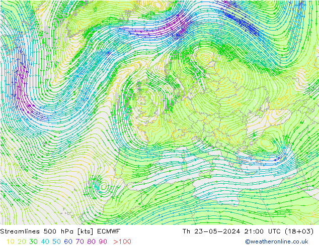 Línea de corriente 500 hPa ECMWF jue 23.05.2024 21 UTC