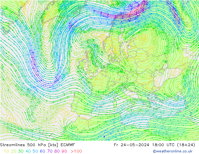 Linea di flusso 500 hPa ECMWF ven 24.05.2024 18 UTC