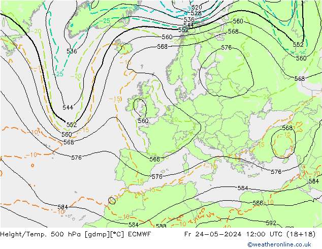 Z500/Rain (+SLP)/Z850 ECMWF vie 24.05.2024 12 UTC