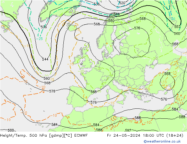 Z500/Rain (+SLP)/Z850 ECMWF Fr 24.05.2024 18 UTC