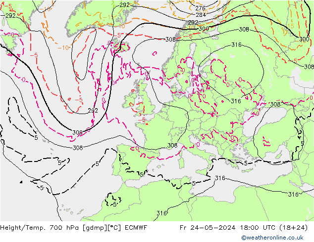 Height/Temp. 700 hPa ECMWF Fr 24.05.2024 18 UTC