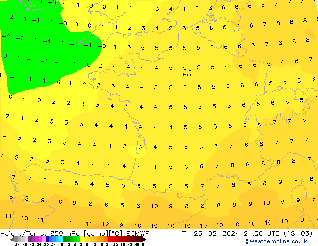 Height/Temp. 850 hPa ECMWF Do 23.05.2024 21 UTC