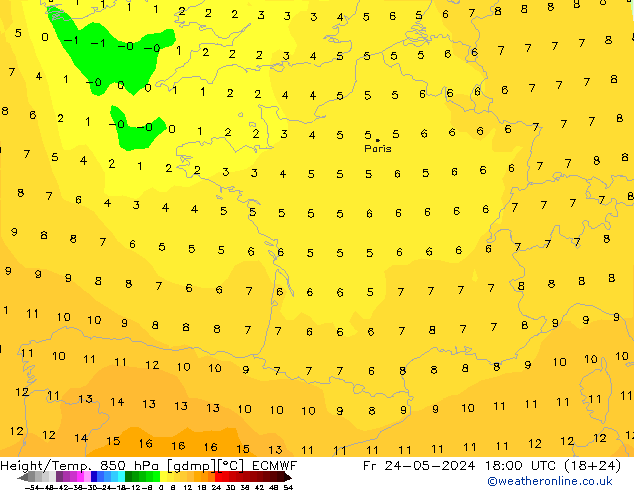 Height/Temp. 850 hPa ECMWF Fr 24.05.2024 18 UTC