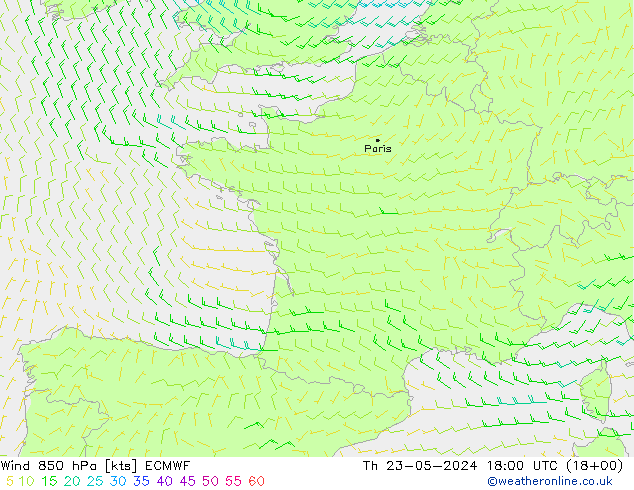 Vento 850 hPa ECMWF gio 23.05.2024 18 UTC