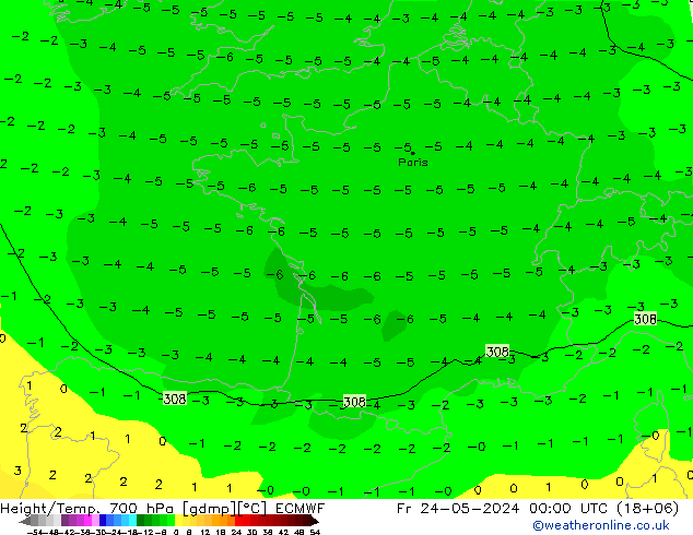 Height/Temp. 700 hPa ECMWF Fr 24.05.2024 00 UTC