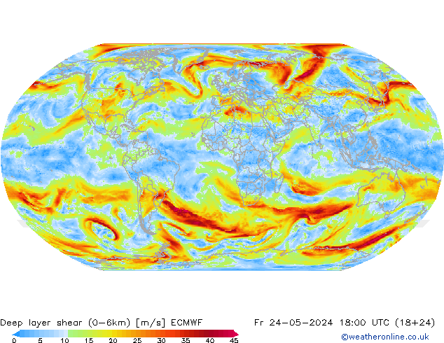 Deep layer shear (0-6km) ECMWF Fr 24.05.2024 18 UTC