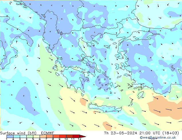 Rüzgar 10 m (bft) ECMWF Per 23.05.2024 21 UTC