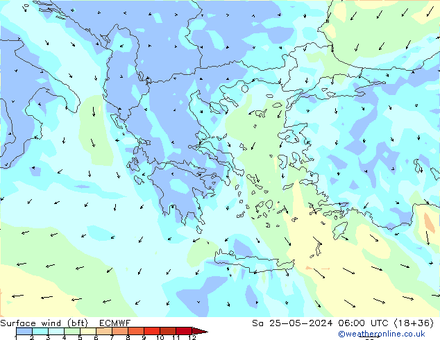 Vent 10 m (bft) ECMWF sam 25.05.2024 06 UTC