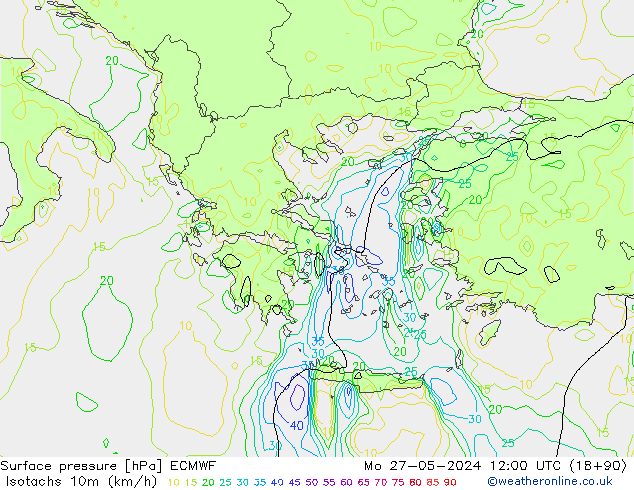 Isotachs (kph) ECMWF Mo 27.05.2024 12 UTC