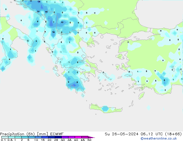 Totale neerslag (6h) ECMWF zo 26.05.2024 12 UTC