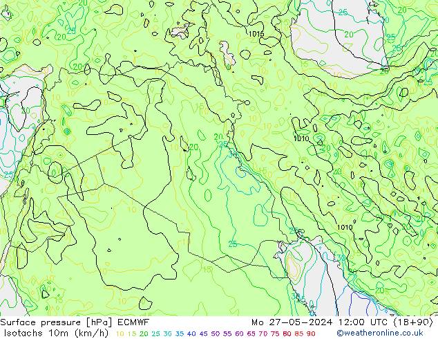 Isotachen (km/h) ECMWF Mo 27.05.2024 12 UTC